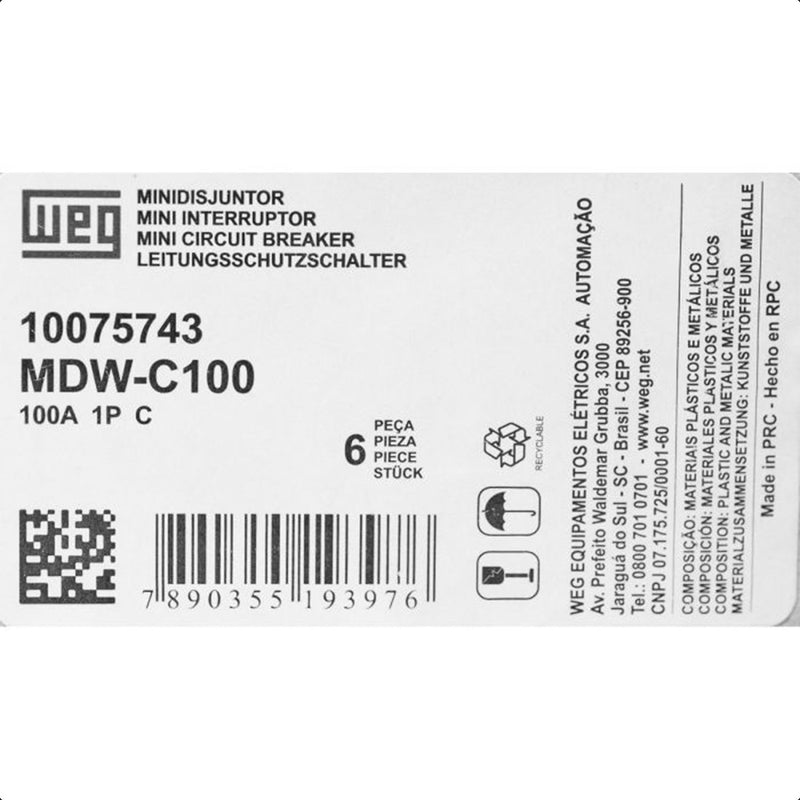 DISJUNTOR WEG MDWH-C 100A 1P 230/400VCA 10KA