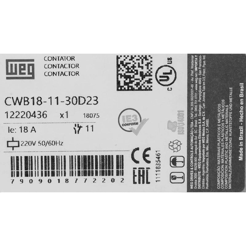 CONTATOR WEG CWB 18-11 220V 60HZ