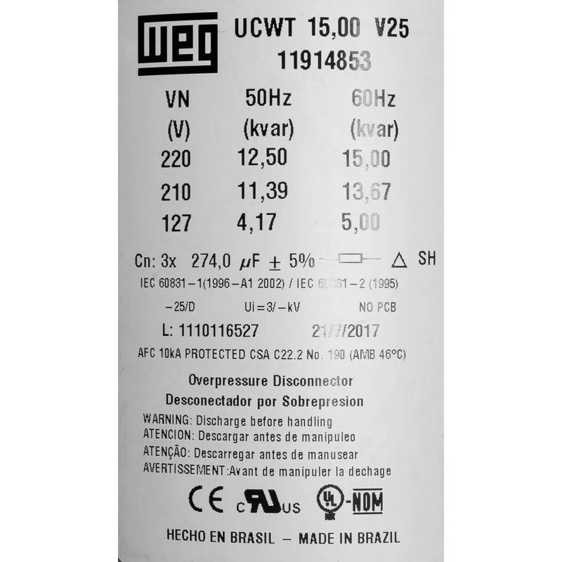 CAPACITOR WEG UCWT 15.00 KVAR 380V